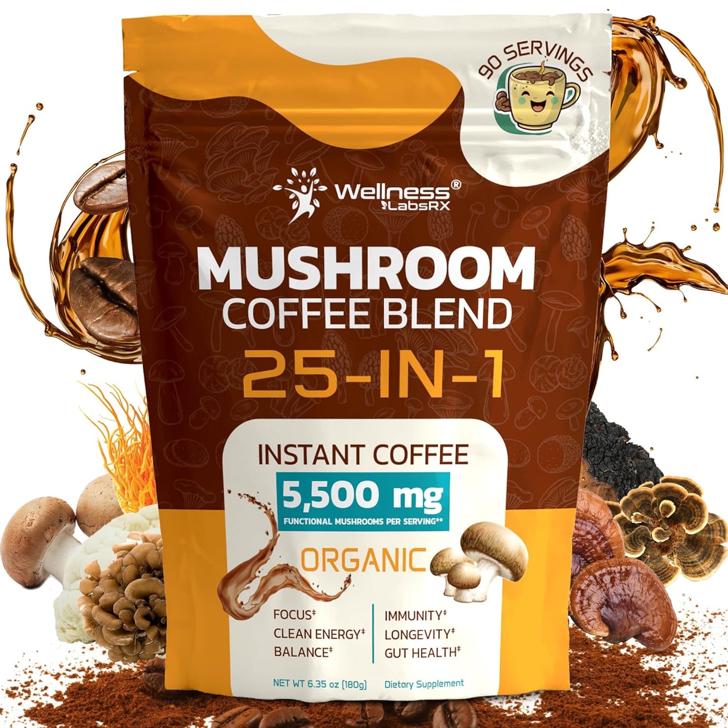 25-in-1 functional mushroom blend including lion's mane, reishi, shiitake, and chaga