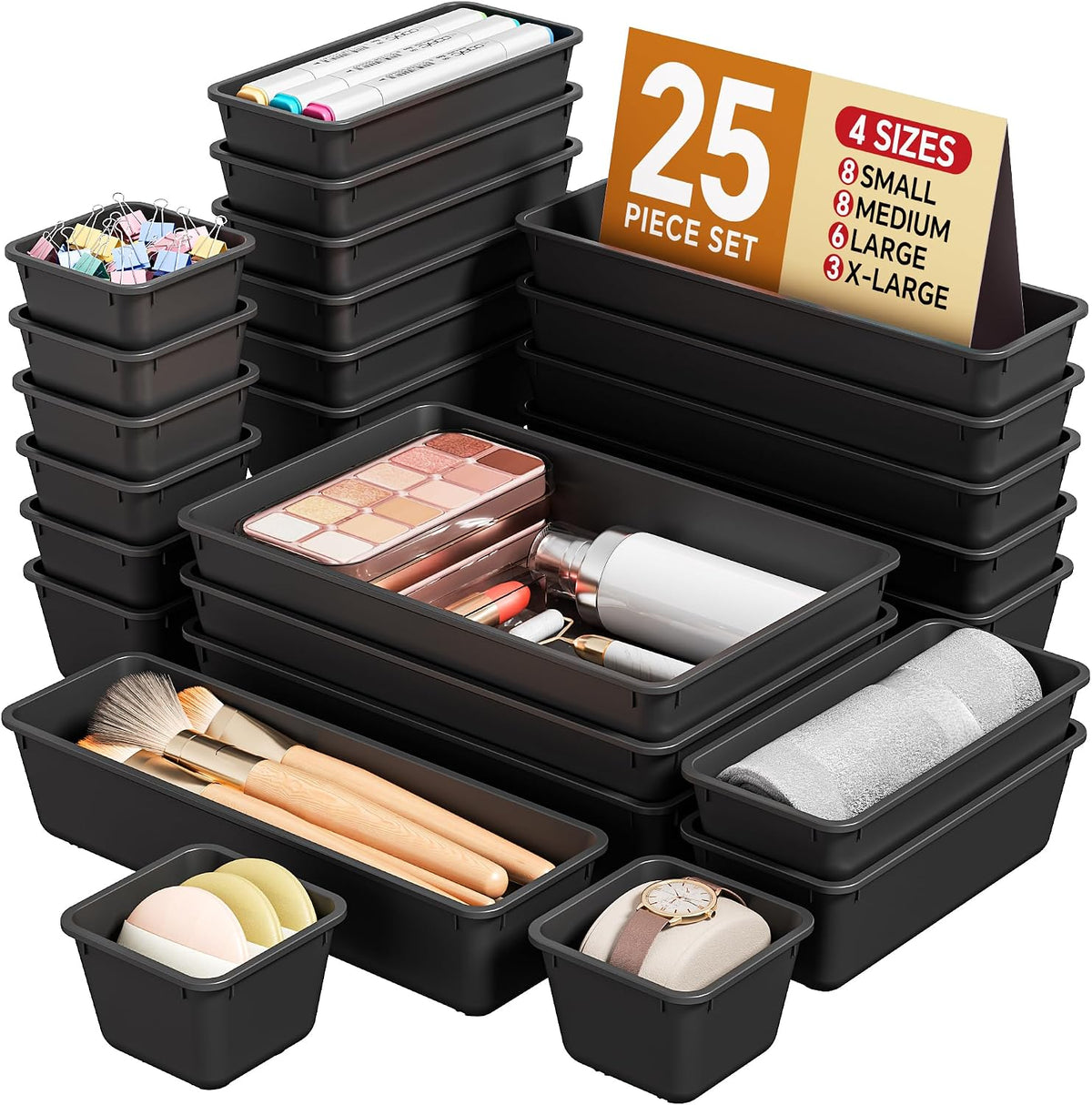 25-piece set including 4 sizes: 8.8x5.5x1.9, 8.7x2.7x1.9, 5.9x2.7x1.9, and 2.7x2.7x1.9 inches