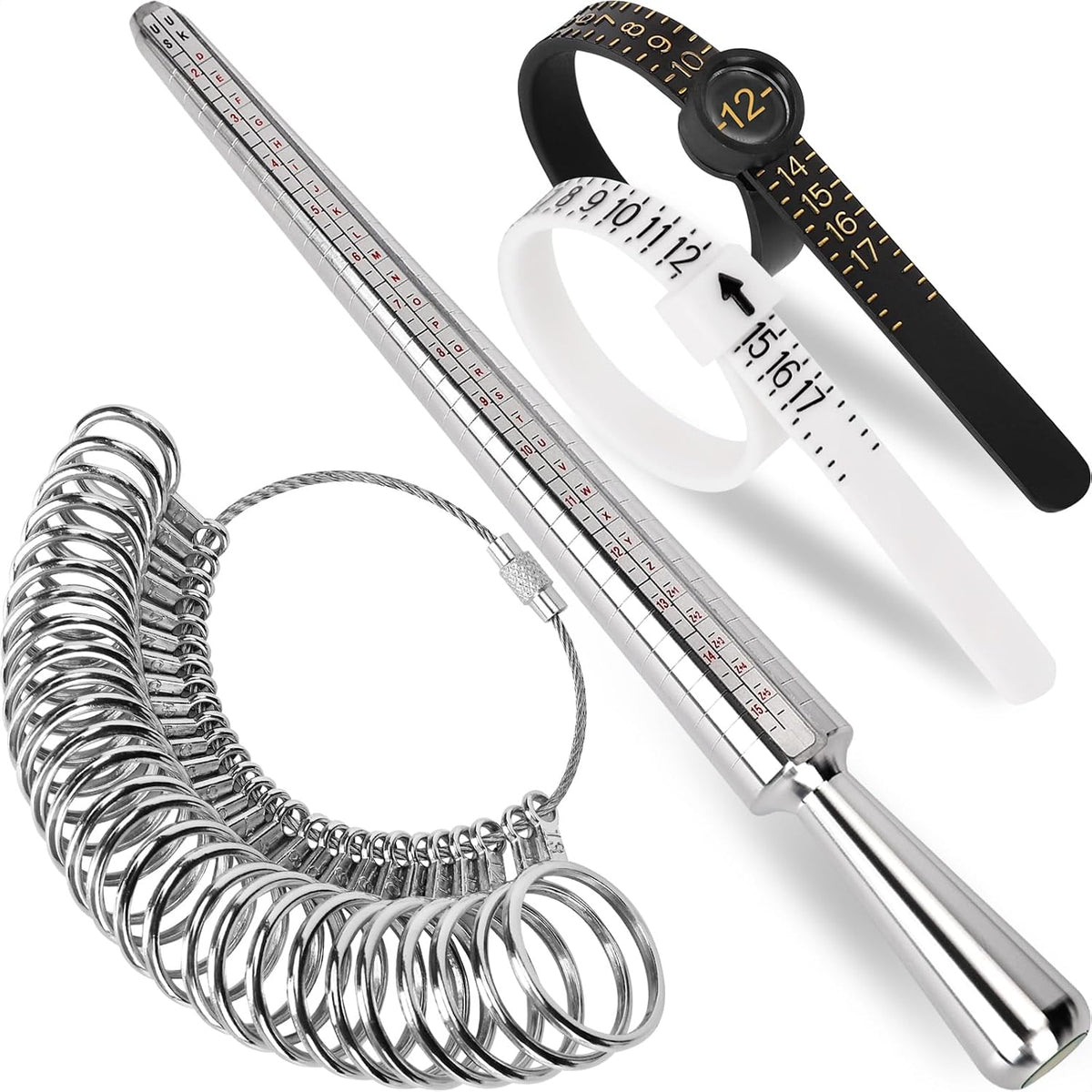 27-piece stainless steel ring gauge set covering us sizes 0-13 with half-size increments