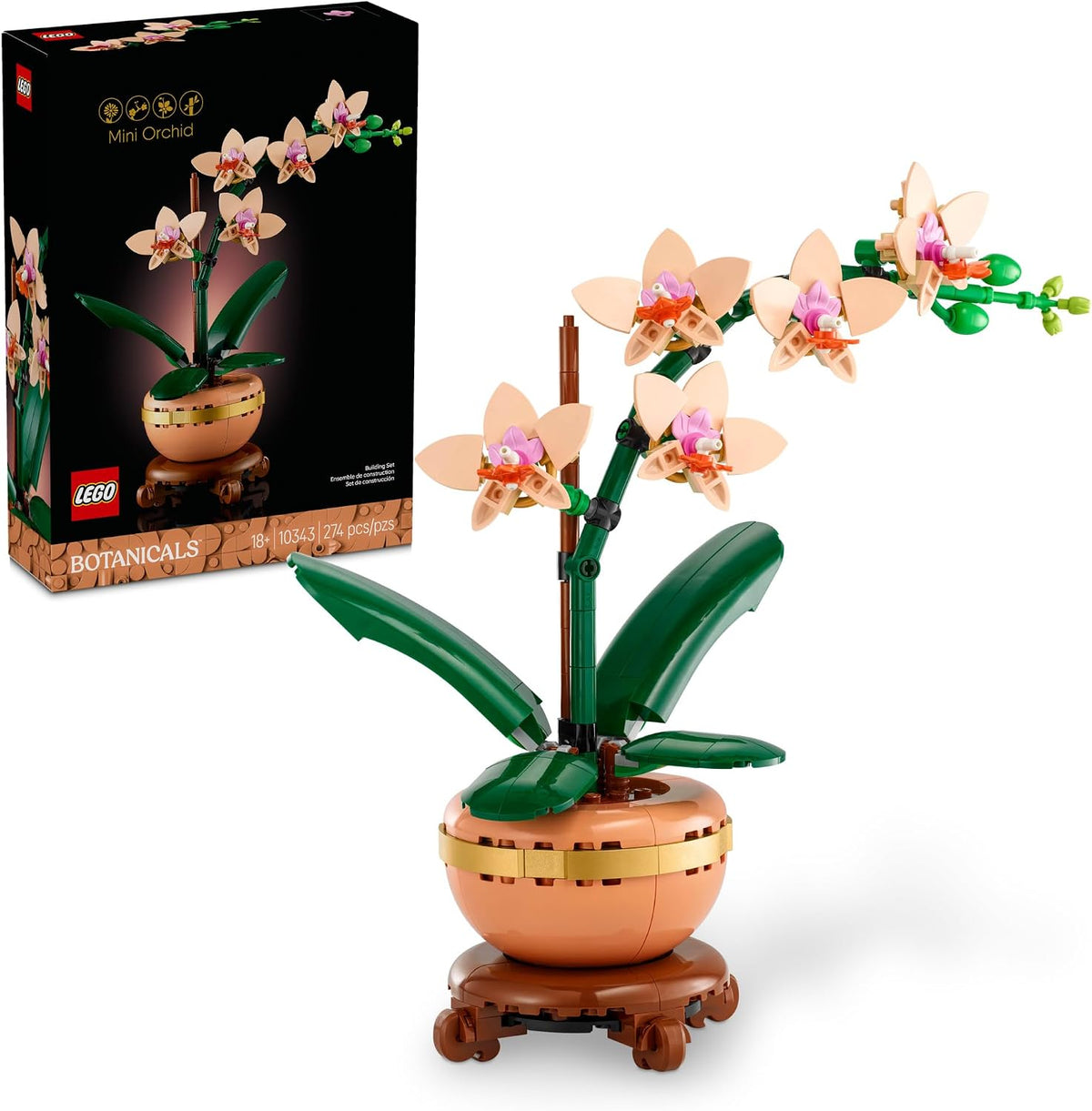 274 interlocking lego building pieces forming 5 peach blooms, buds, and green leaves