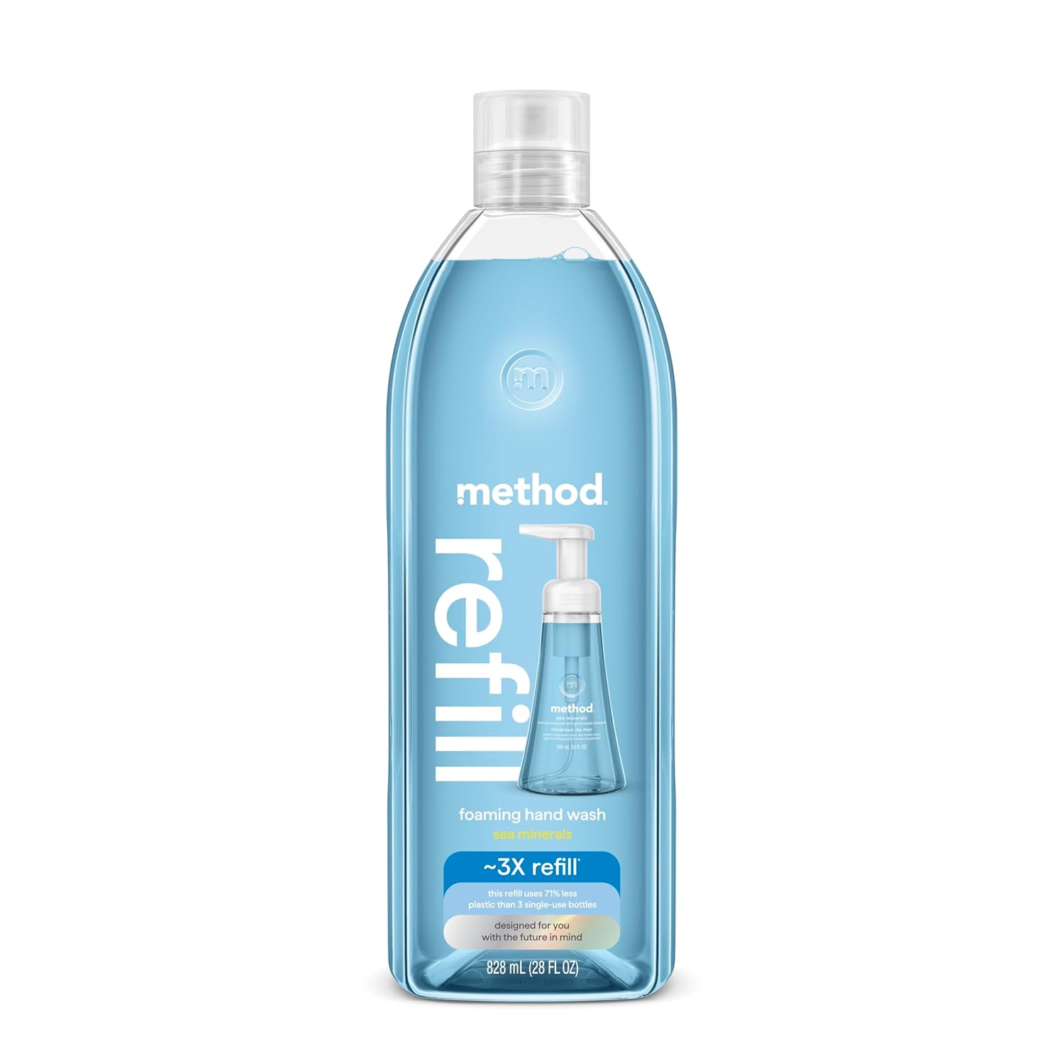 28 oz recyclable refill bottle made from 100% post-consumer recycled plastic (cap excluded)