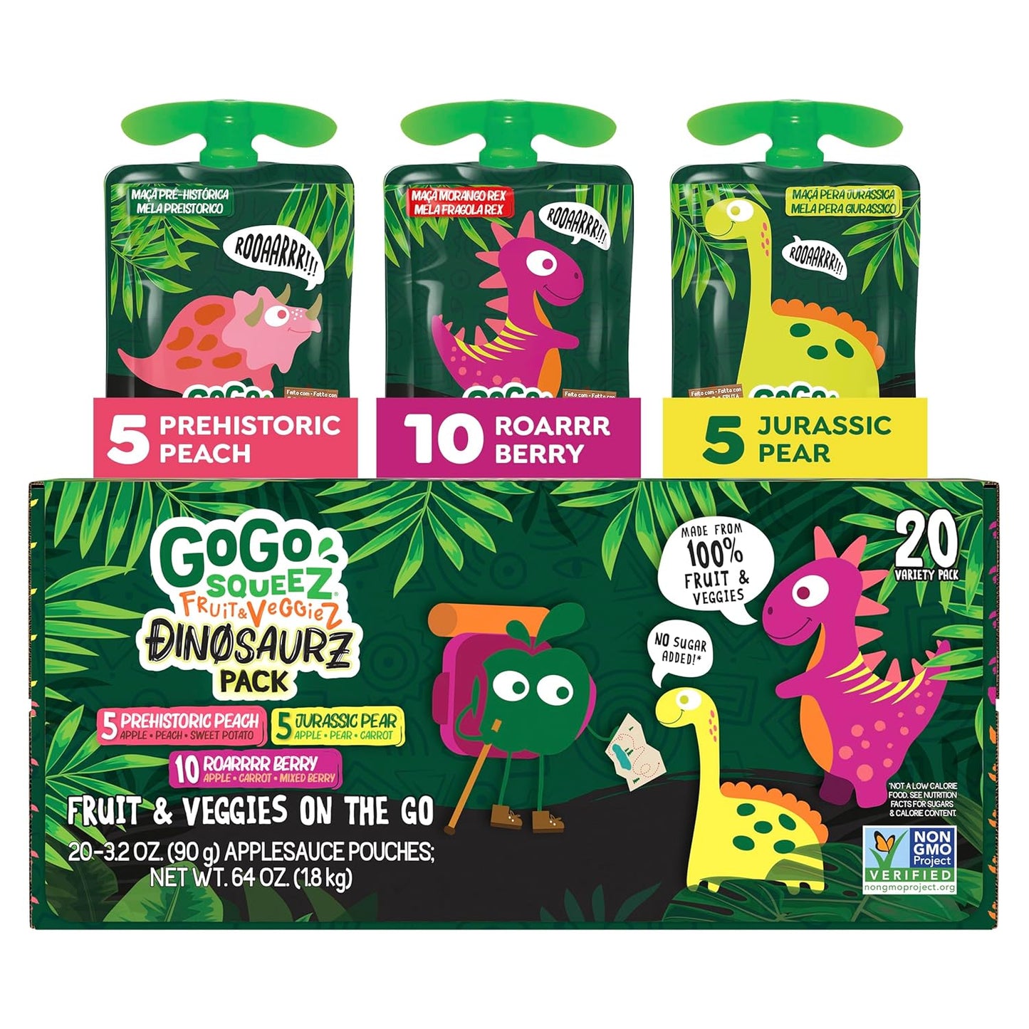 3.2 oz resealable squeeze pouches in a pack of 20 (24 in the strawberry/blueberry variant)