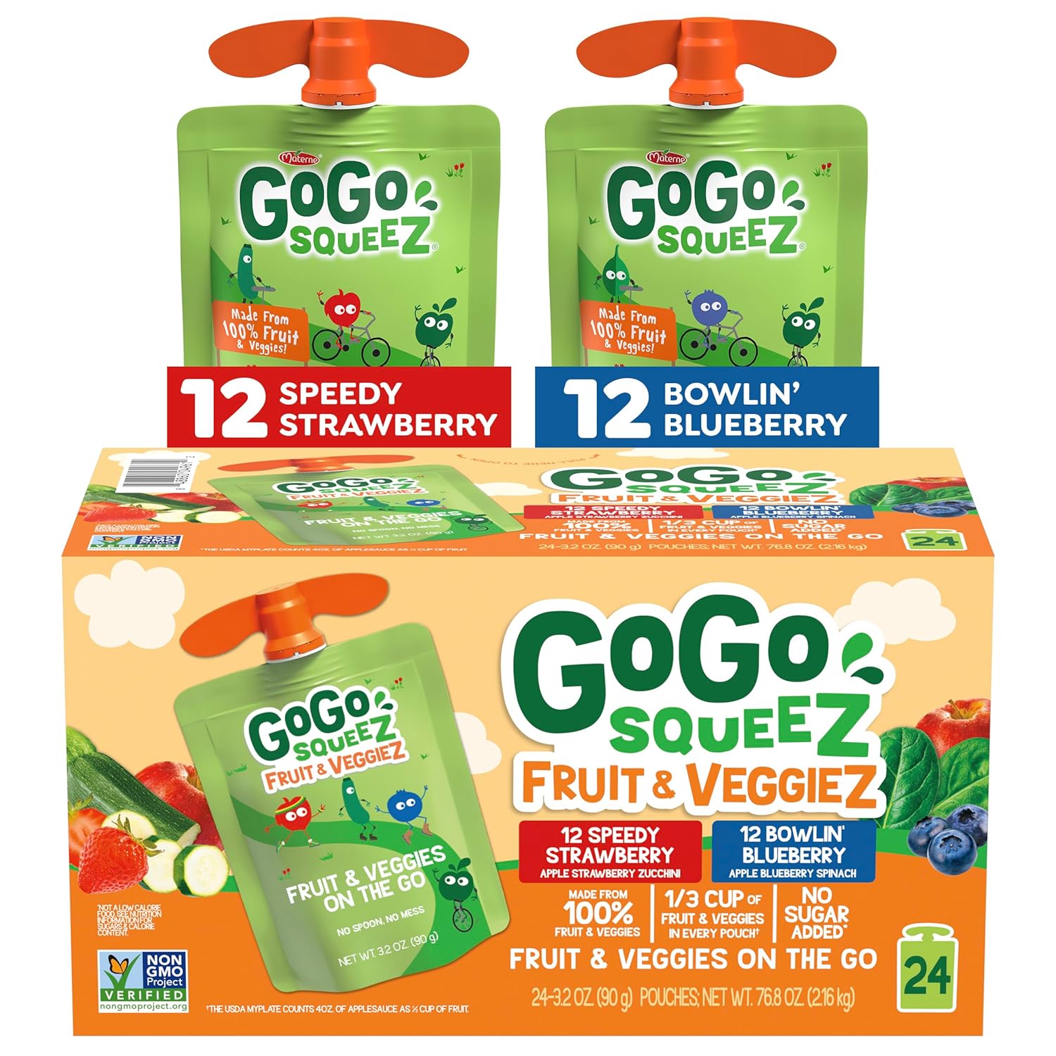 3.2 oz resealable squeeze pouches in a pack of 20 (24 in the strawberry/blueberry variant)