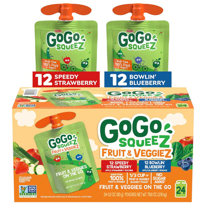 3.2 oz resealable squeeze pouches in a pack of 20 (24 in the strawberry/blueberry variant)