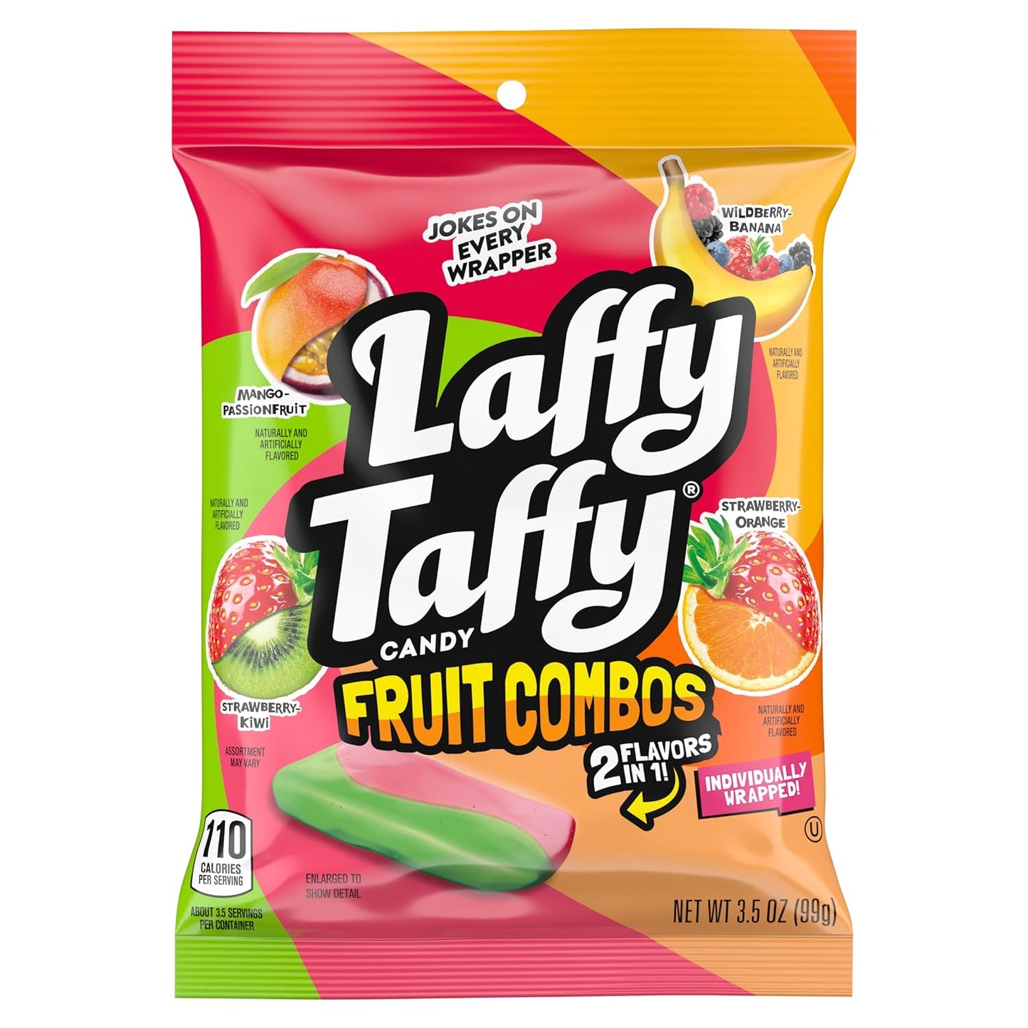 3.5 oz bag containing four fruity flavor combinations: mango-passionfruit, strawberry-kiwi, strawberry-orange, and wildberry-banana