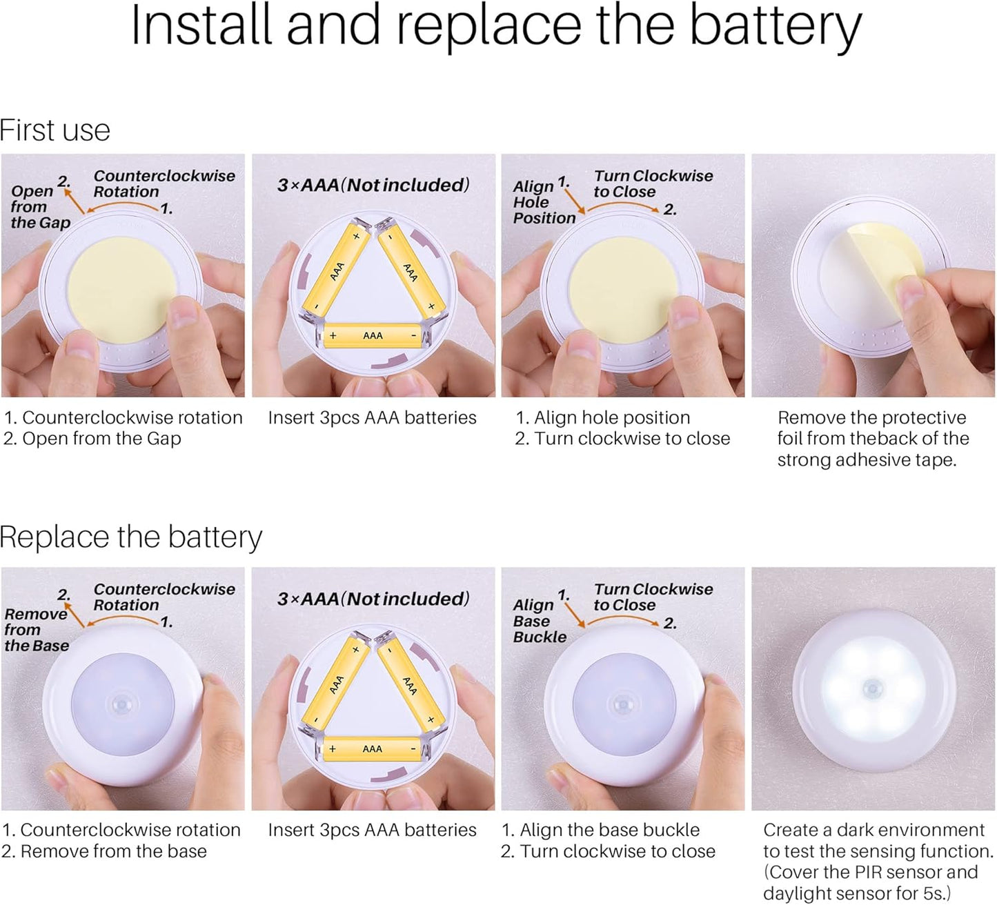 3 aaa battery power per puck (9 total included requirement) with twist-off split housing for easy swap