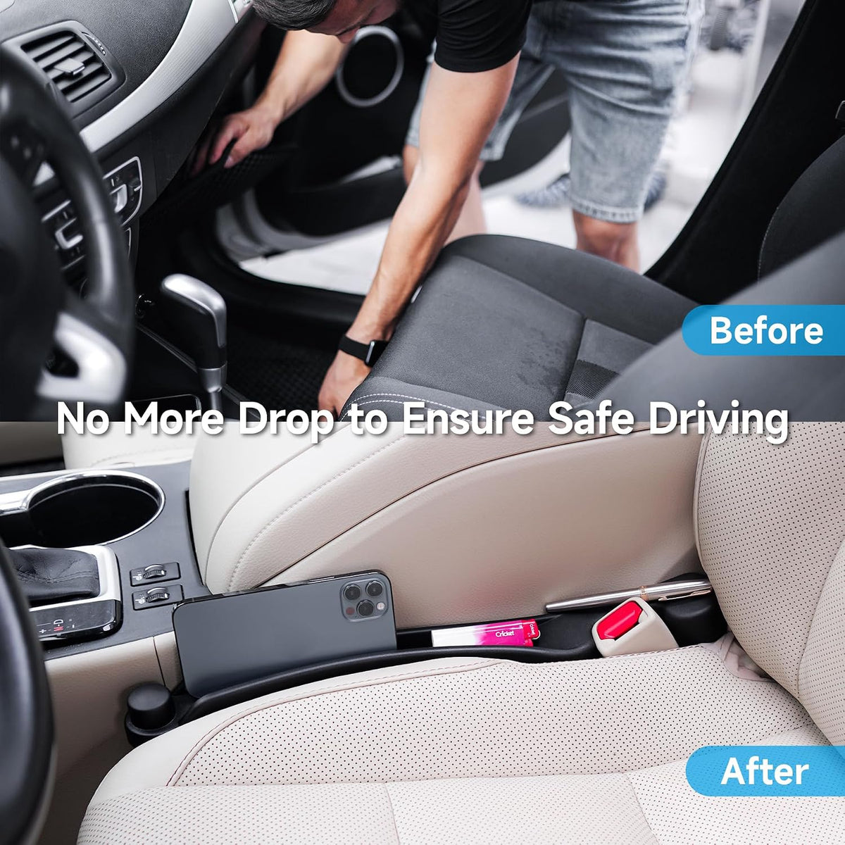 3-in-1 design combining gap filler, side organizer pocket, and end ring hook
