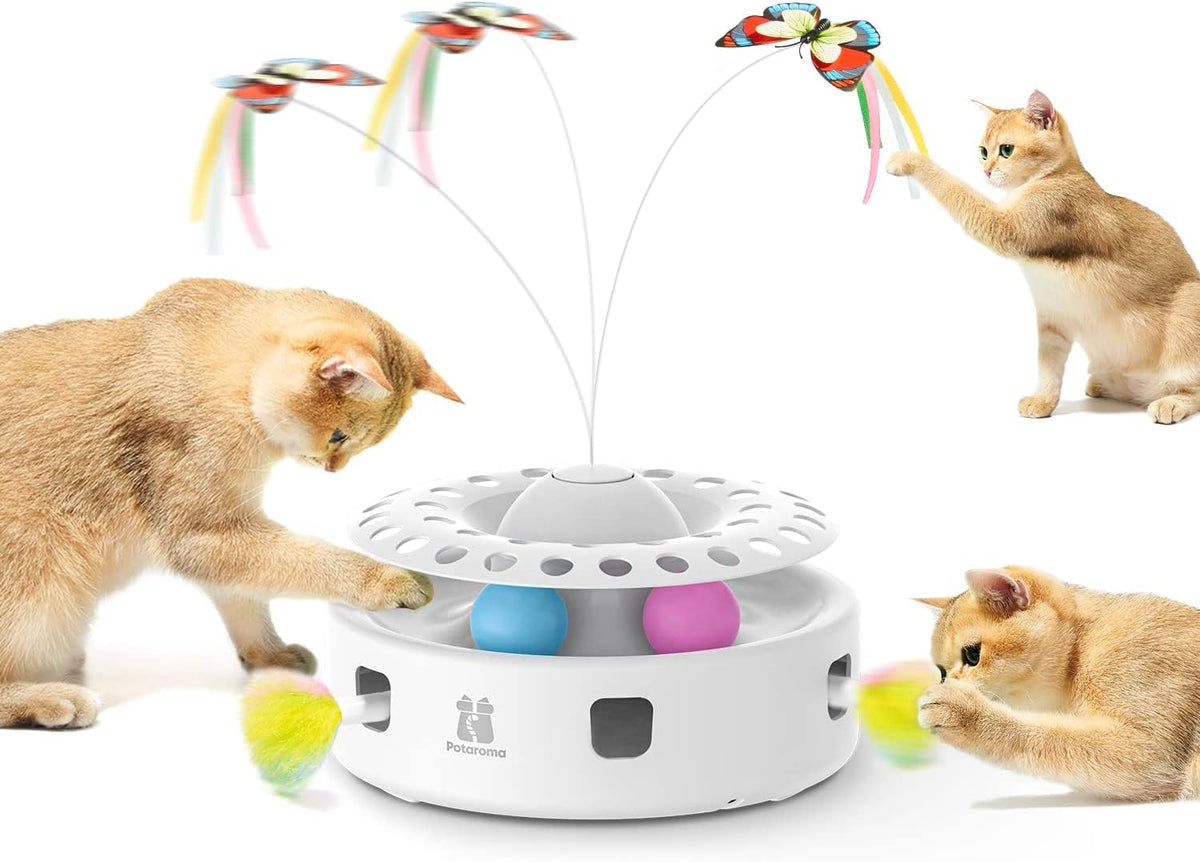 3-in-1 design combining random-hole shooting feather, flapping lifelike butterfly, and track balls in one device