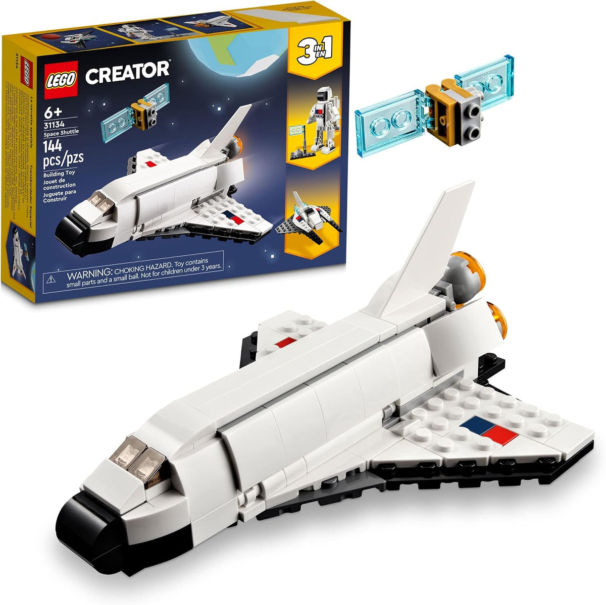 3-in-1 modular design rebuilds into a space shuttle, posable astronaut with jetpack and flag, or a spaceship with moving wings