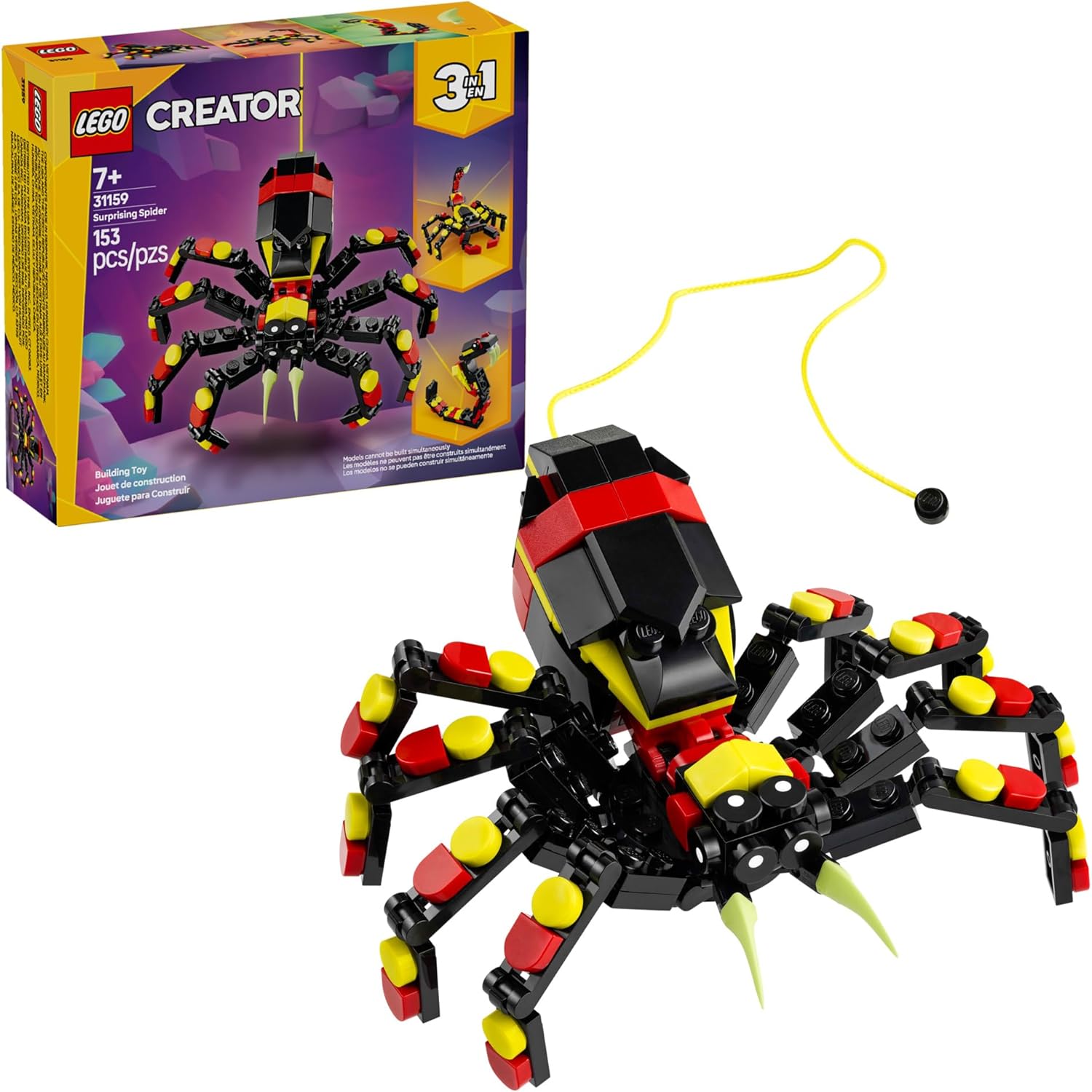 3-in-1 rebuildable design — spider, scorpion, or snake from the same 153 bricks