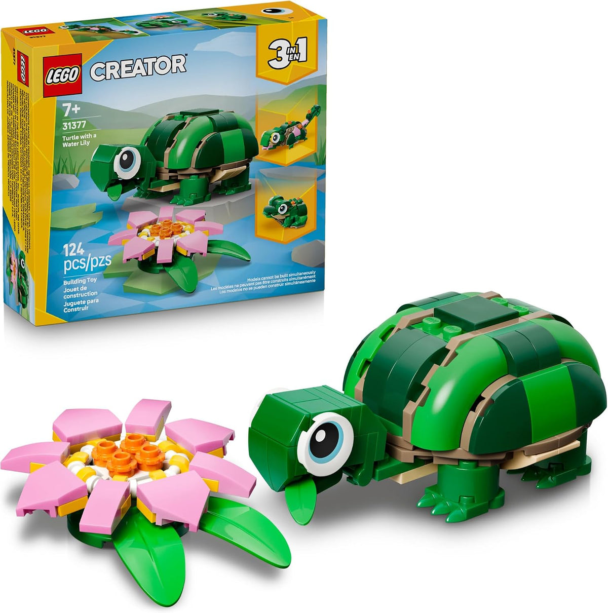 3-in-1 rebuildable design: turtle with water lily, chameleon lizard, or frog (one at a time)