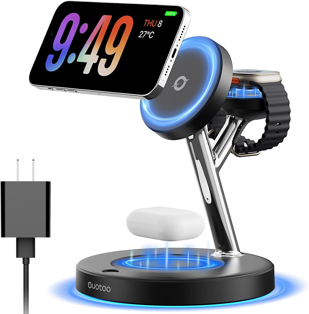 3-in-1 simultaneous wireless charging for iphone (magsafe 15w), apple watch, and airpods