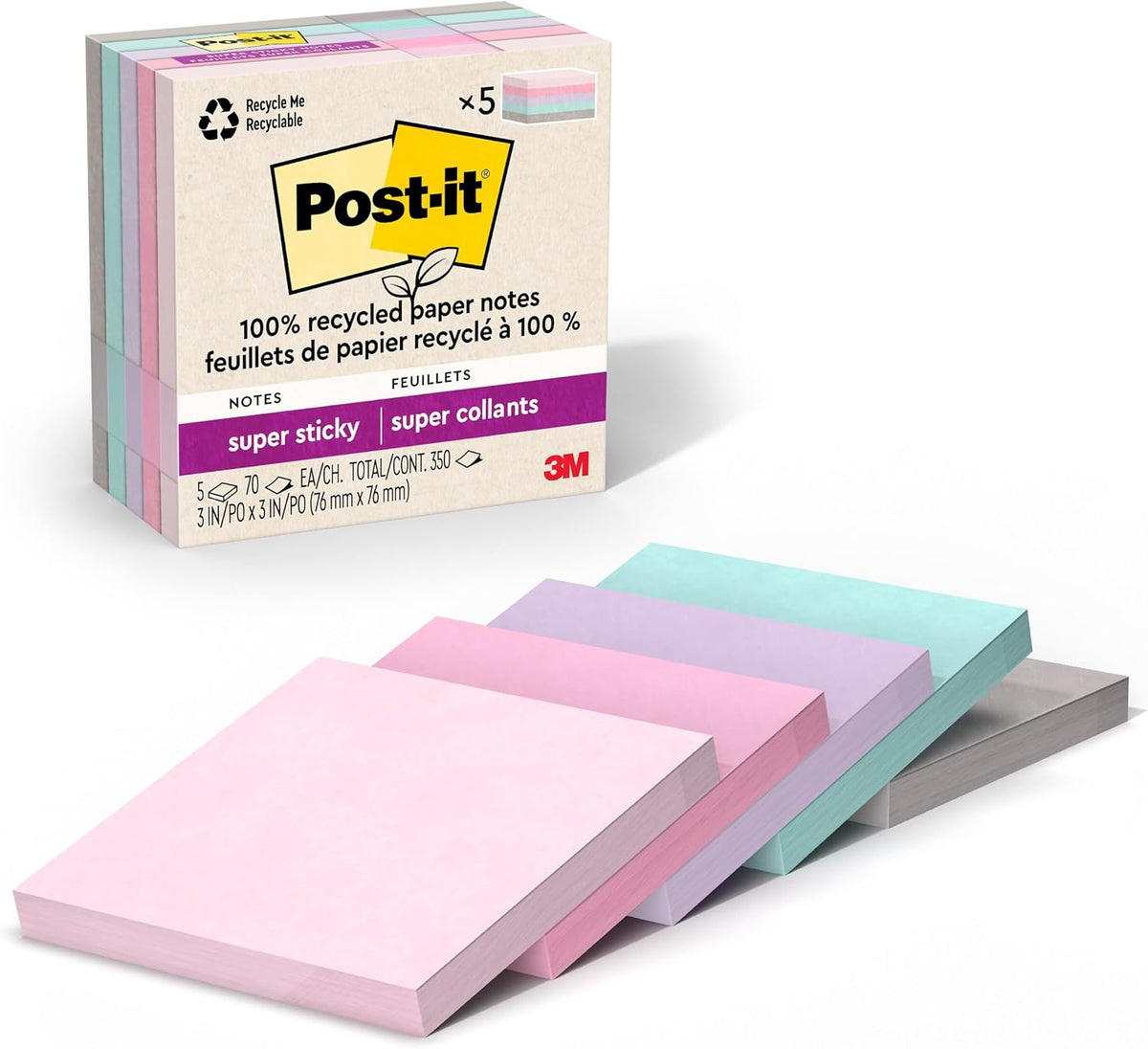 3 in. x 3 in. square note format, 70 sheets per pad, 5 pads per pack