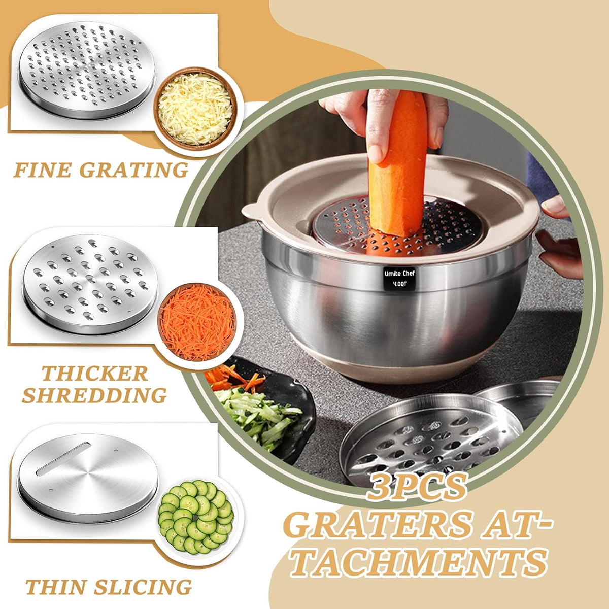3 interchangeable grater attachments (slicing, grating, shredding) that fit onto bowl rims