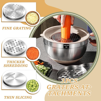 3 interchangeable grater attachments (slicing, grating, shredding) that fit onto bowl rims