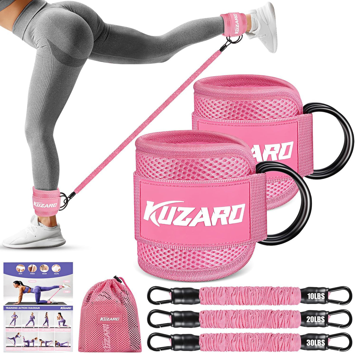3 interchangeable natural rubber resistance bands (10, 20, 30 lbs) that combine to 60 lbs max