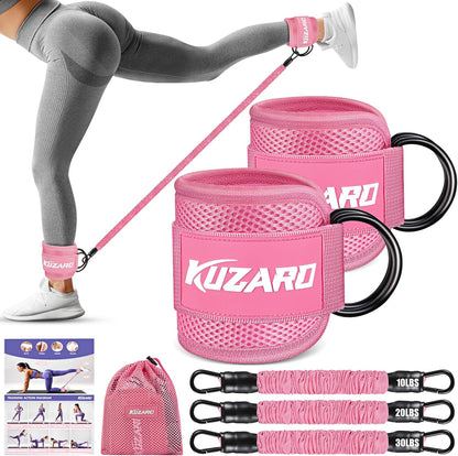3 interchangeable natural rubber resistance bands (10, 20, 30 lbs) that combine to 60 lbs max