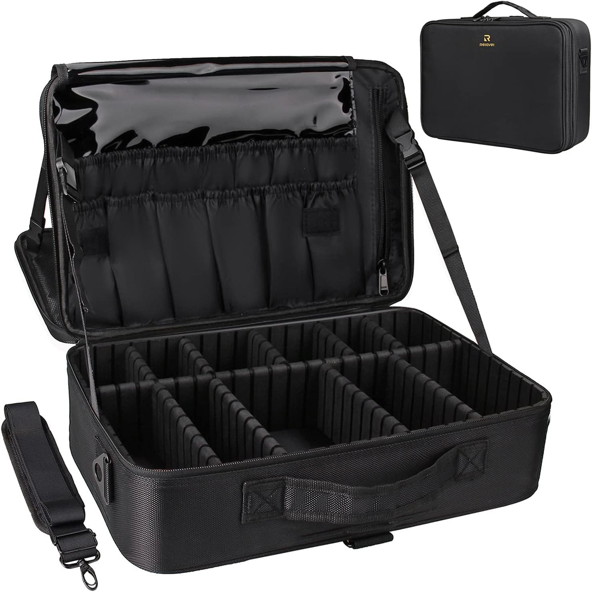 3-layer fold-out train case construction with 16.5-inch large size option