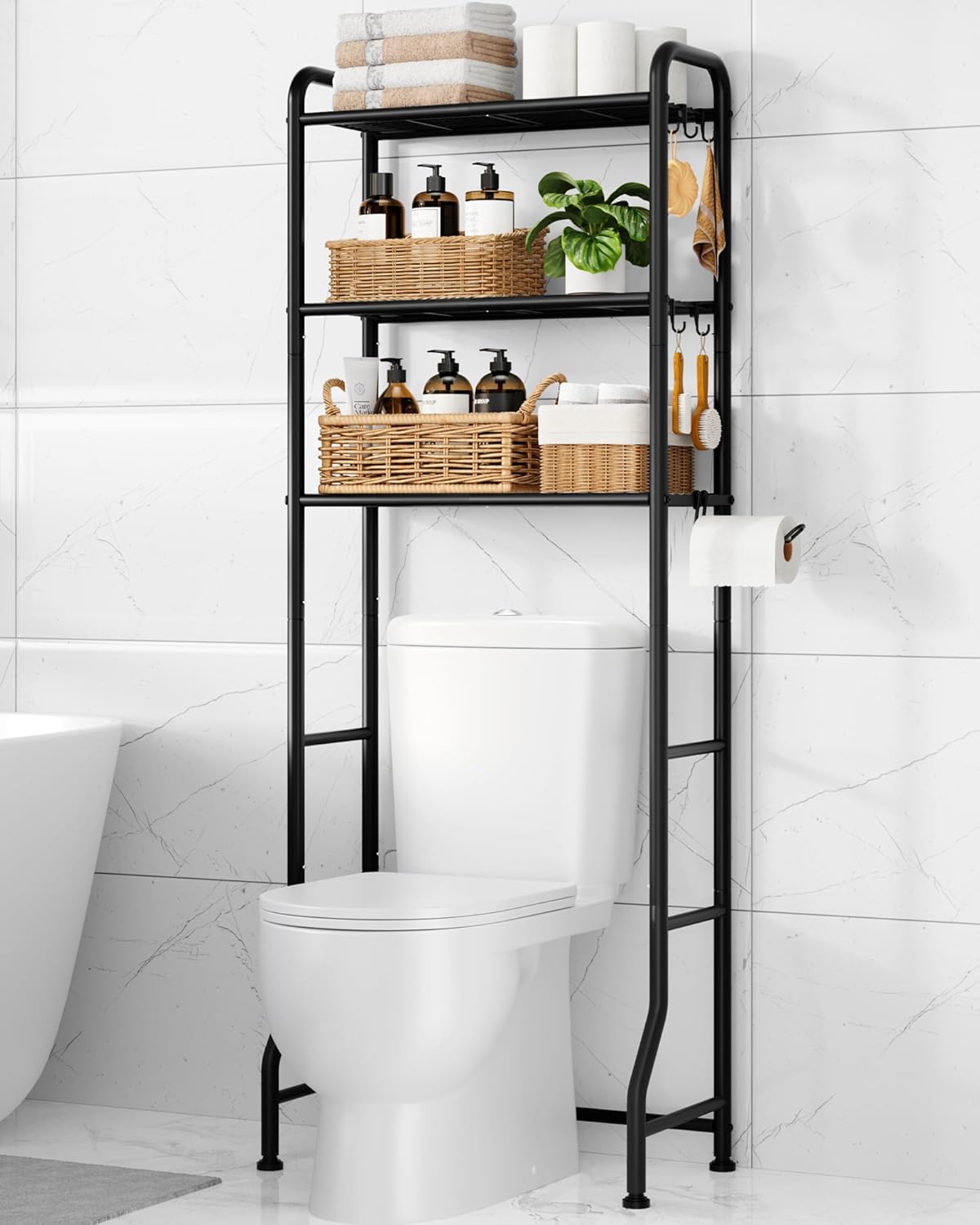 3 mesh shelves plus built-in toilet paper holder and 5 s-hooks for hanging towels and robes