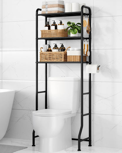 3 mesh shelves plus built-in toilet paper holder and 5 s-hooks for hanging towels and robes