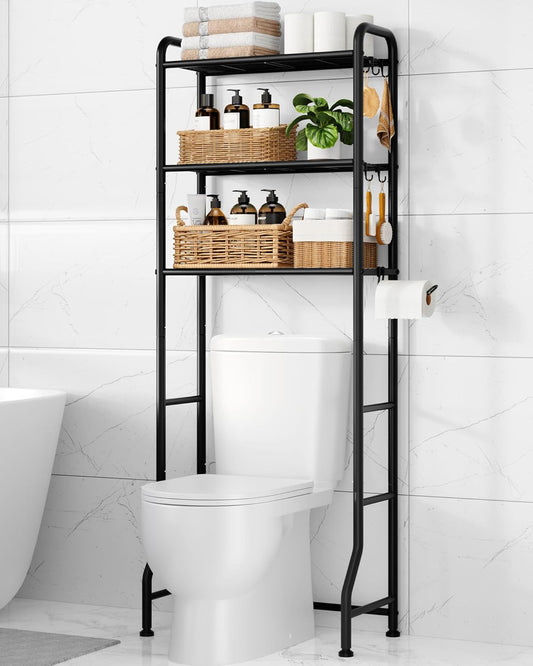 3 mesh shelves plus built-in toilet paper holder and 5 s-hooks for hanging towels and robes