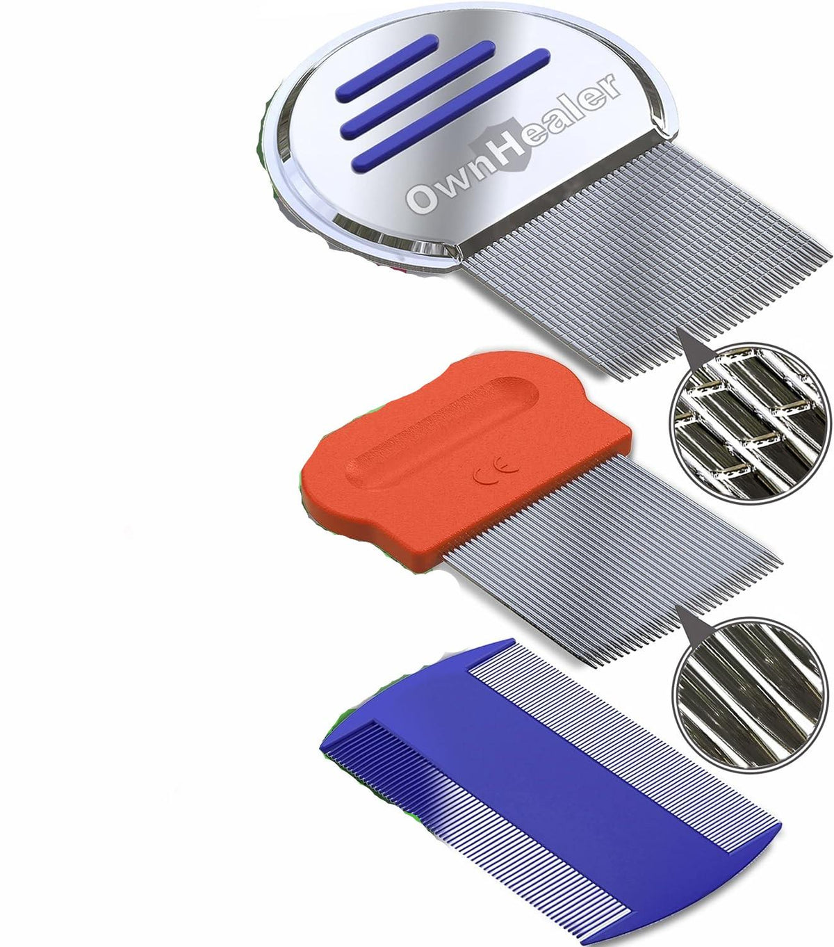 3-piece comb set: nit comb, lice comb, and dandruff comb with distinct tooth geometries