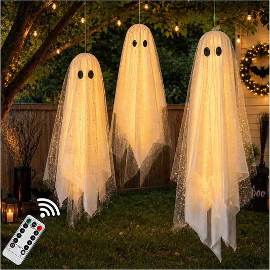 3-piece hanging ghost set with metal frame and cloth covering