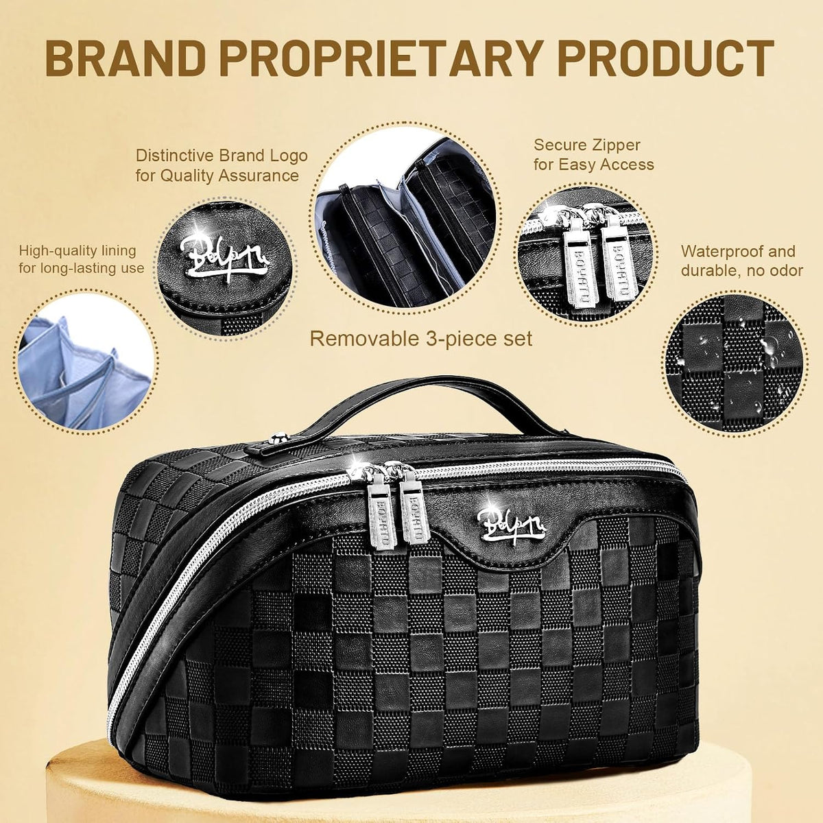 3-piece set including main bag plus 2 detachable inner pouches