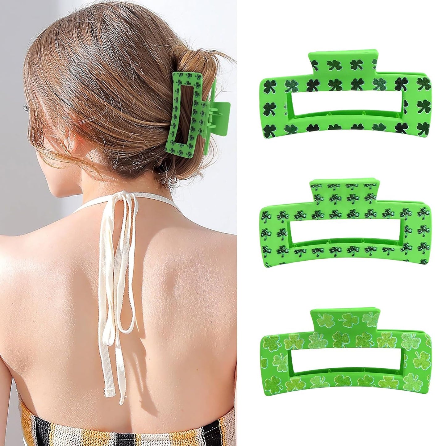 3-piece set of green glittery shamrock-patterned claw clips in varied designs