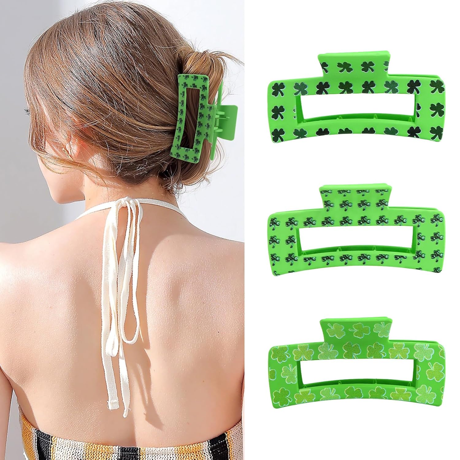 3-piece set of green glittery shamrock-patterned claw clips in varied designs