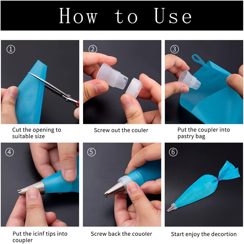 3 plastic scrapers, 1 frosting coupler, and 2 piping bag ties as accessories