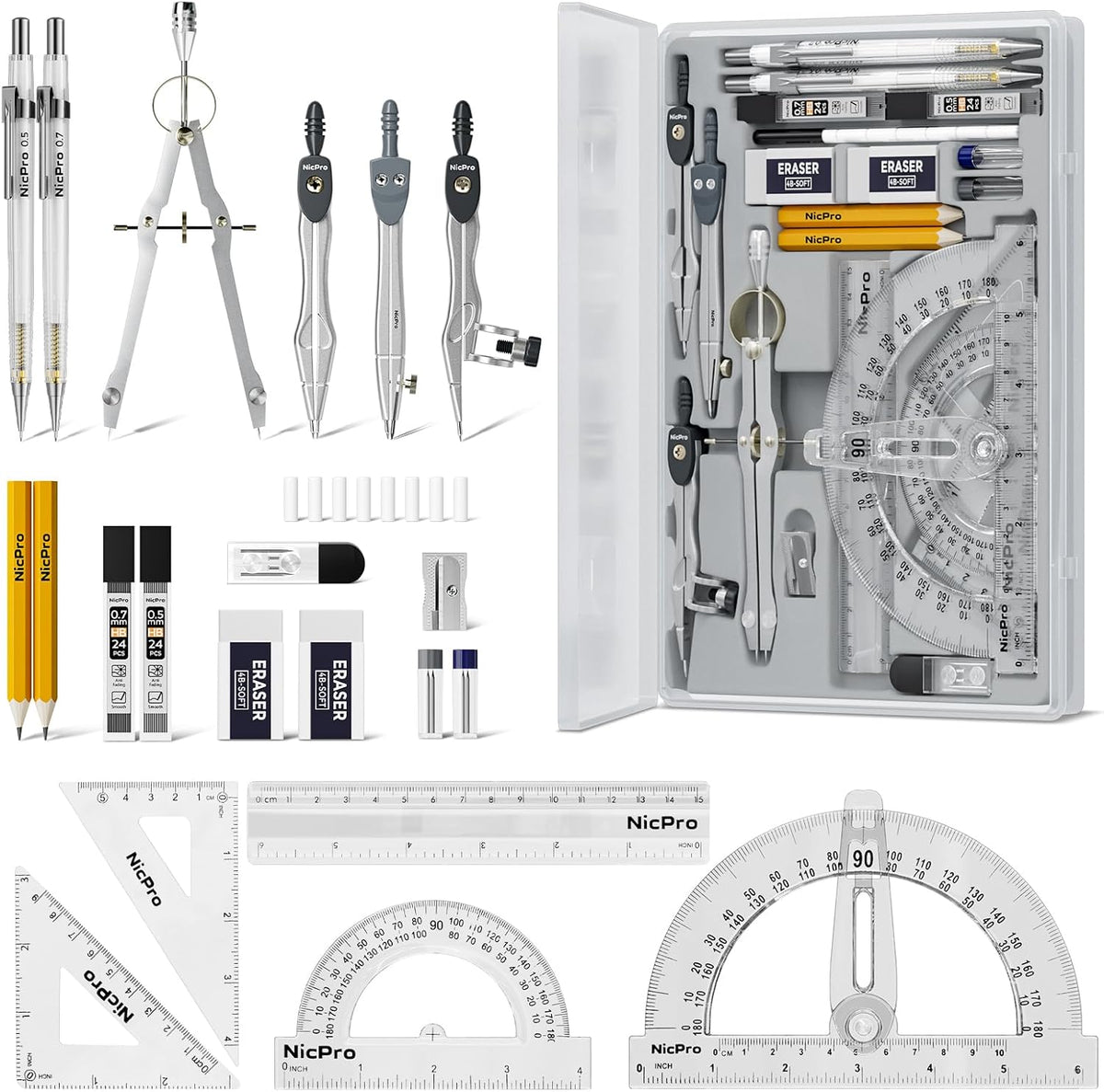 3 precision compasses (study, graphic, bow) capable of drawing circles up to 6 inches in diameter
