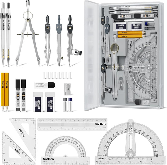 3 precision compasses (study, graphic, bow) capable of drawing circles up to 6 inches in diameter