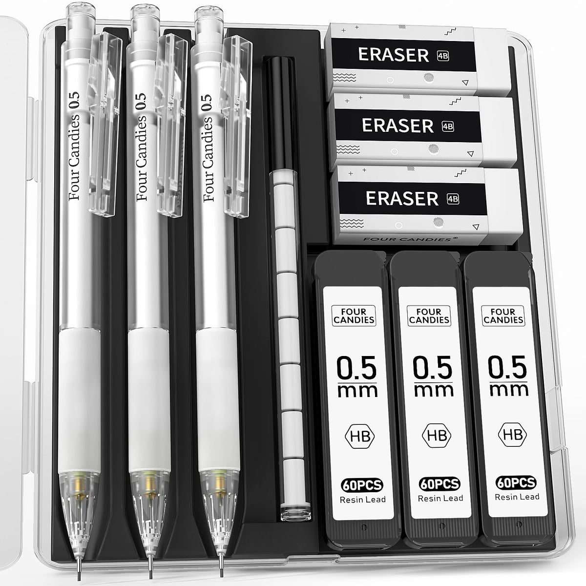 3 refillable 0.5mm (or 0.7mm) mechanical pencils with retractable tip