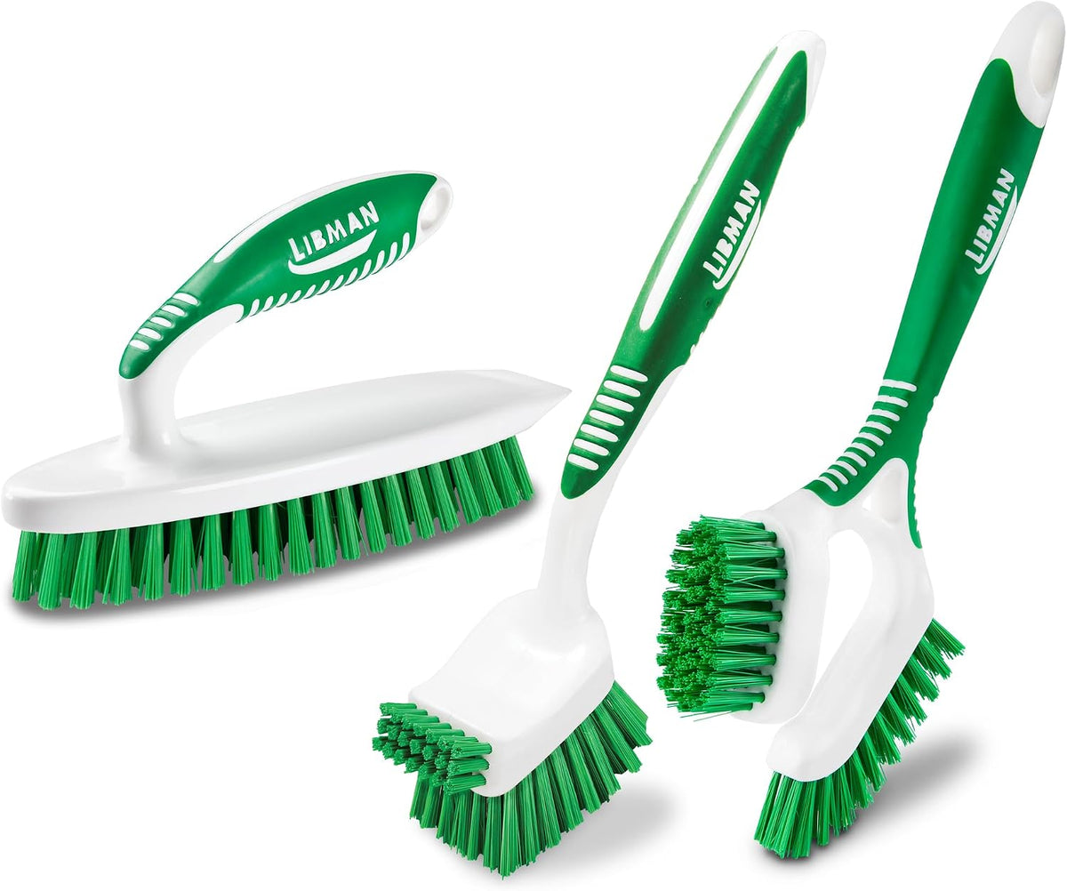 3 specialized brush styles: easy-grip scrub brush, big job kitchen brush, and fiberforce tile and grout brush
