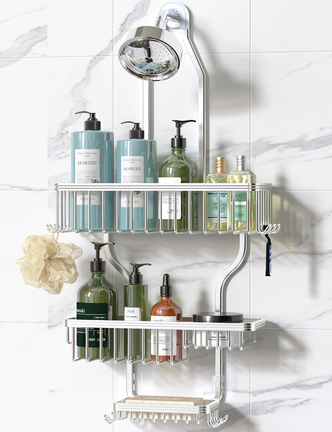 3-tier basket layout with dedicated soap holder basket