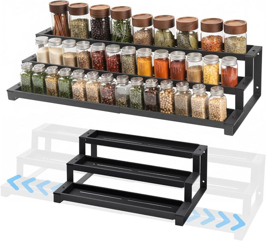 3-tier stepped design with 2.55" (6.5 cm) tier depth for standard spice jars