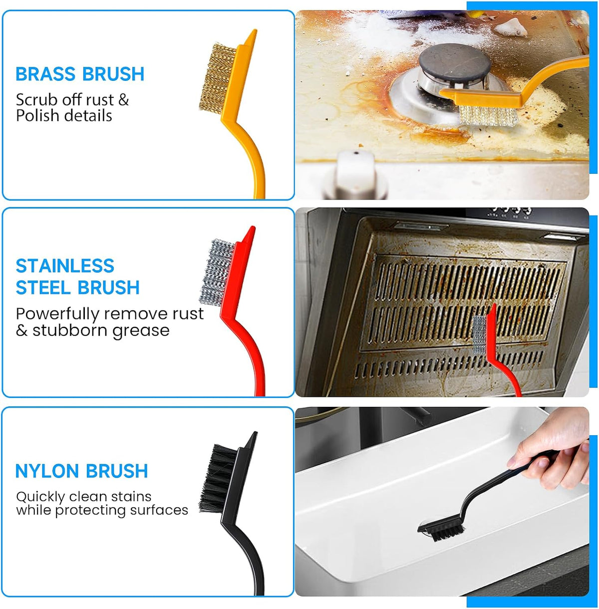 3 wire brushes with brass, stainless steel, and nylon bristles for varied surface sensitivity
