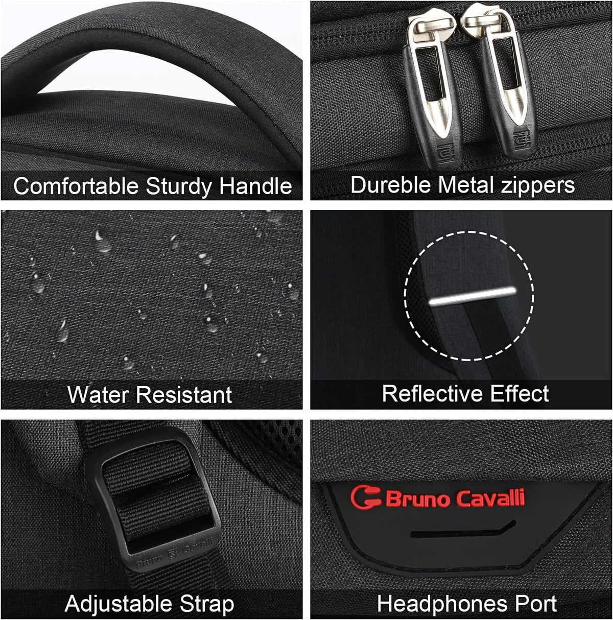 3 zippered compartments and 5 pockets including mesh water bottle/umbrella pockets
