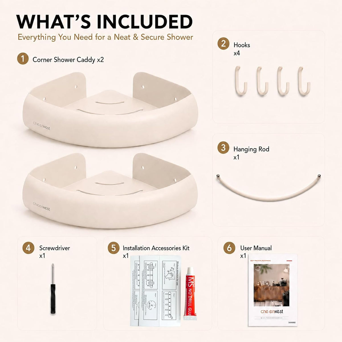 30-pound load capacity per shelf for multiple full-size shower bottles