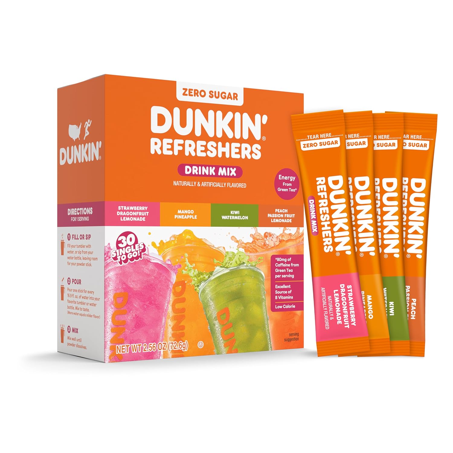30 single-serve powdered stick packs per box, each designed for 16 fl oz of water
