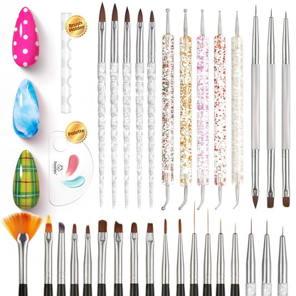 31-piece complete kit: 15 black nail art brushes, 5 dual-ended dotting tools, 3 nail art liner pens, 3 double-ended liner brushes, 5 sculpting brushes, brush holder, and palette