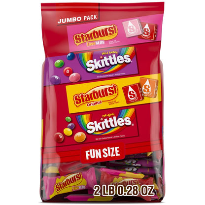32.28-ounce bulk bag containing 4 varieties: skittles original, skittles wild berry, starburst original, and starburst favereds