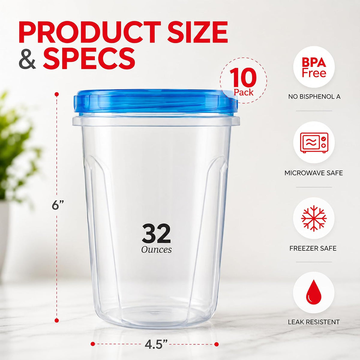 32 oz (1 quart) capacity per container, also available in 16 oz variant