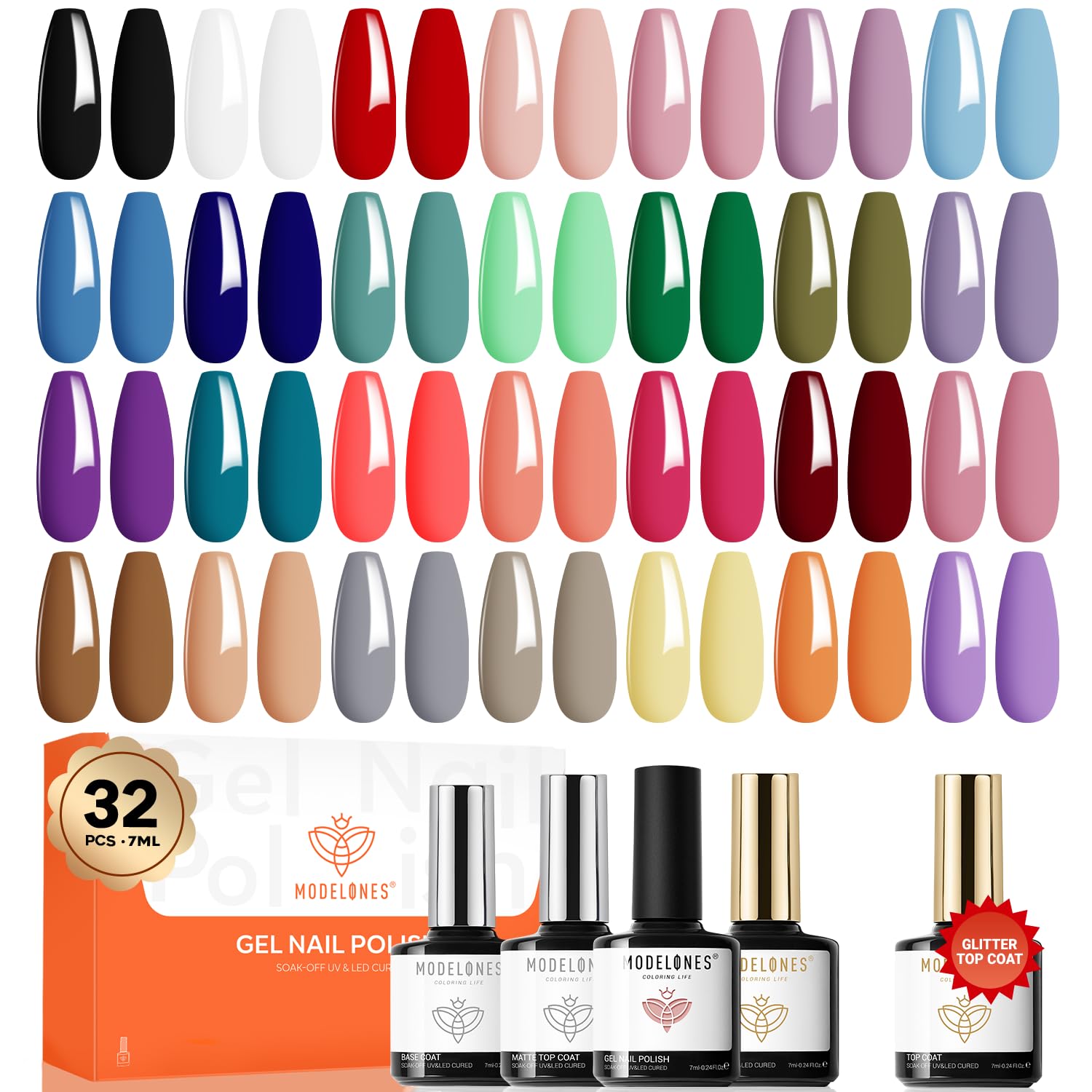 32-piece set: 28 gel polish bottles (7ml each) plus no-wipe base, glitter, glossy, and matte top coats, and nail primer