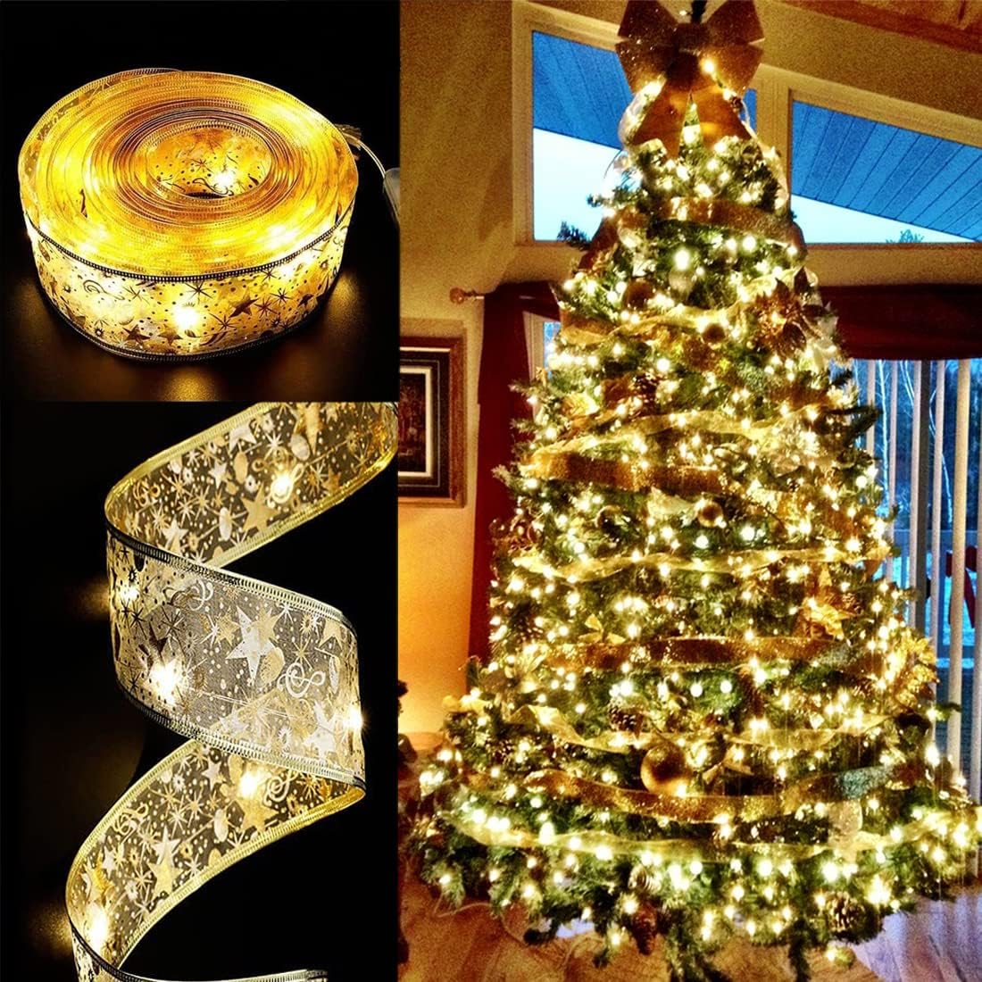 32ft (10m) length x 2in (5cm) width gold-edge mesh ribbon with 100 led lights embedded in the middle