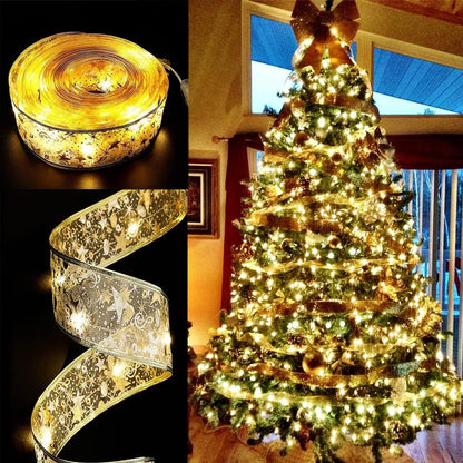 32ft (10m) length x 2in (5cm) width gold-edge mesh ribbon with 100 led lights embedded in the middle