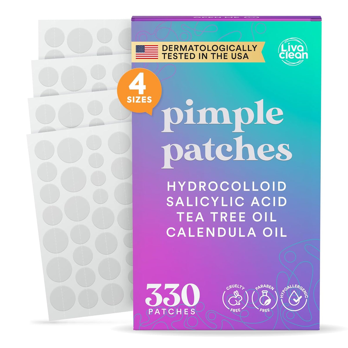 330 hydrocolloid patches per pack in four discrete sizes