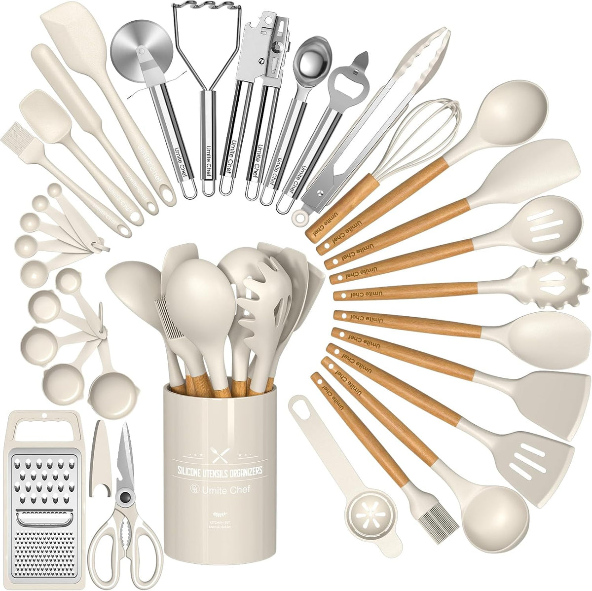 34-piece utensils set including slotted spatula, slotted spoon, turner, pasta server, tongs, grater, scissors, and utensil holder