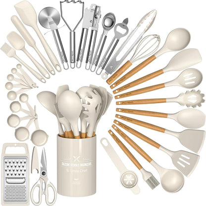 34-piece utensils set including slotted spatula, slotted spoon, turner, pasta server, tongs, grater, scissors, and utensil holder